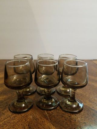 Vintage 1970s Libbey Tawny Accent Cordial Glasses Smoke Brown Barware Set Of 6