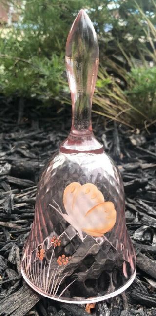 Fenton Artist Signed Pink Glass Bell Hand Painted Butterfly & Flowers D Hill