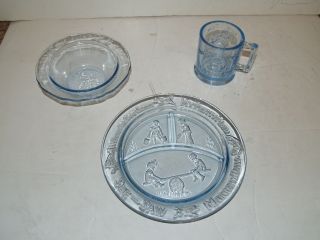 Mother Goose Blue Glass Plate Bowl & Cup Set - Humpty Dumpty - Piper - Margery Daw