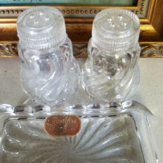 Fostoria Colony Crystal Individual Salt & Pepper Shakers W/tray Glass Lids