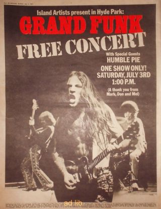 Grand Funk With Humble Pie - Concert,  British 16 " X 12 " Advert/ad 1971