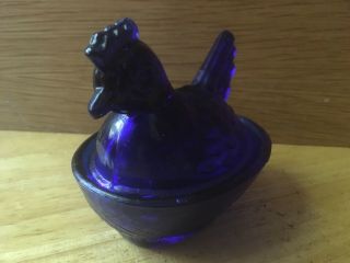 Vintage Glass Chicken Hen On Nest Dark Cobalt Blue Dish With Cover Salt 3