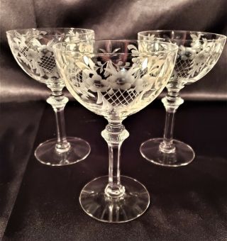 Stunning H.  C.  Fry Engraved Glass Champagne Goblets Stem 7553 Set Of 3