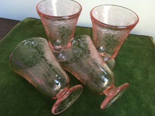 4 Florentine Pink Footed Juice Tumblers 4 " Hazel Atlas Depression Glass 1930 