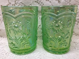 Clear Green Carnival Glass Field Flower Tumblers Cups Goblets Iridescent