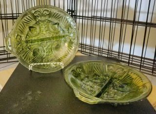 Two Vintage Green Divided Depression Glass Footed Candy,  Nut Dishes