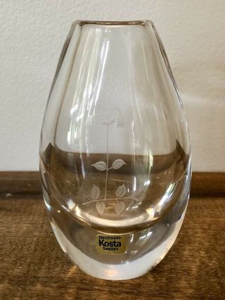 Small Vintage Floral Etched Kosta Boda Sweden Art Glass Vase Signed 44329