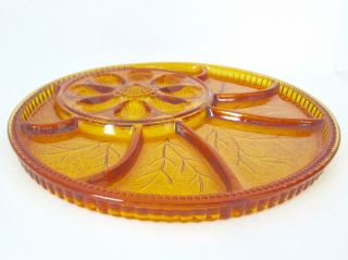 Vtg Indiana Glass Amber Gold Pebble Leaf Relish Egg Plate Platter Tray Dish