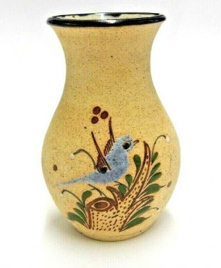 Vintage Hand Painted Mexican Sandstone Pottery Vase Signed Mex W/blue Bird