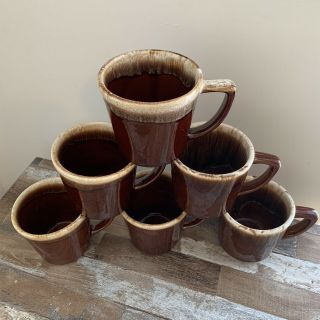 Mccoy Usa Stoneware Brown With Cream Brim Coffee Cups Set Of 6