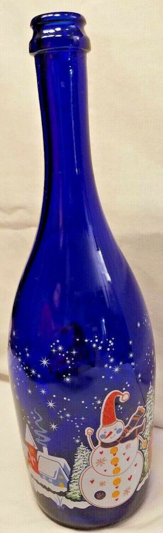 Cobalt Blue Hand Painted Wine Bottle Empty Decorative Winter Scene Snowman Deer