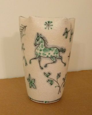 Vintage Mid - Century Art Vase Handpainted Italy Signed Numbered Horse Bird