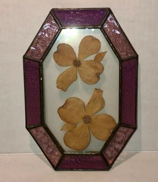 Vintage Purple Stained Glass Lead Frame Dried Flowers Wall Window Hanging