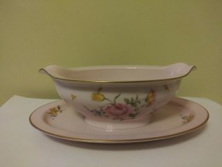 Noritake Pink Bridal Rose 2 Spout Gravy Bowl With Attached Underplate