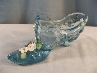 Fenton Light Blue Glass Hand Painted Shoe W/ Embossed Rose Design White Flowers