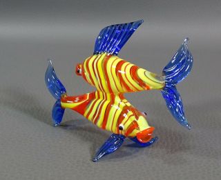 Vtg Italian Murano Art Blown Yellow Coral Blue Glass Fish Pair 2.  5 " X3.  5 " Figurine