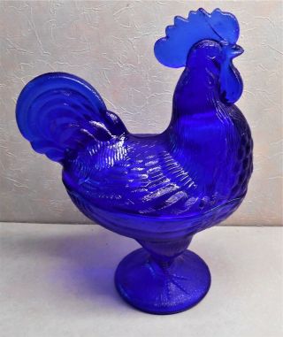 Cobalt Blue Rooster Chicken Glass Le Smith Nesting Hen Trinket Candy Dish