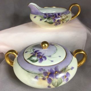 Antique O&eg Austria Lavender Purple Floral Porcelain Sugar And Creamer -