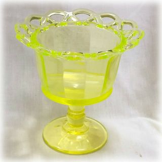 Vintage Imperial Lace Edge Optic Golden Green Vaseline Glass Compote Candy Dish