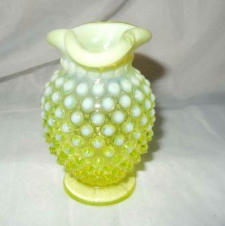 3 3/4 " Fenton Topaz Vaseline Opalescent Hobnail Crimped Vase