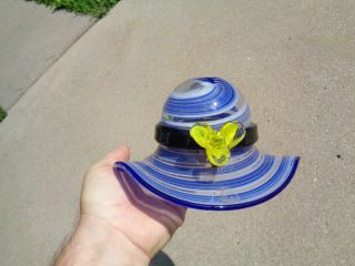 Murano Italian Blue Swirl Hand Blown Glass Hat Vase Or Candy Dish W/yellow Rose