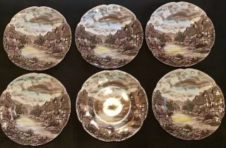 6 Vintage Olde English Country Side England Johnson Bros Dinner Plates Red 10”