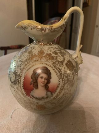 Antique Hand Painted Embossed Gold Beaded Porcelain Ewer/pitcher 6 1/2” Tall
