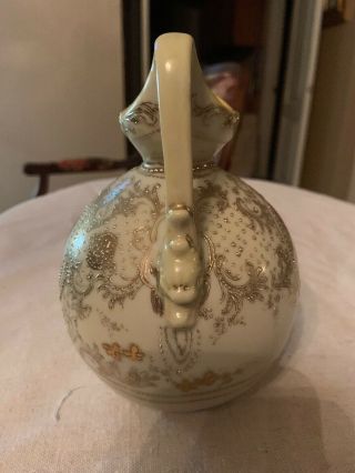 ANTIQUE HAND PAINTED EMBOSSED GOLD BEADED PORCELAIN EWER/PITCHER 6 1/2” Tall 2