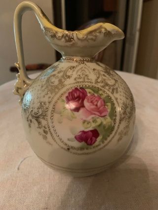 ANTIQUE HAND PAINTED EMBOSSED GOLD BEADED PORCELAIN EWER/PITCHER 6 1/2” Tall 3