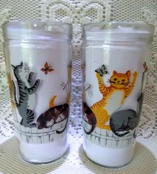 2 Vintage Anchor Hocking Cats Dancing On A Fence Jelly Jar Drinking Glasses