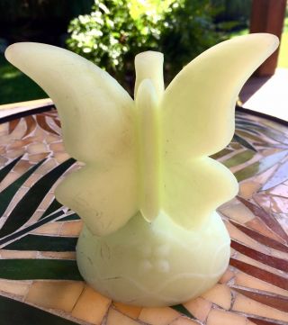 Vintage Late Fenton Satin Green Glass Butterfly - on - Branch Figurine 2