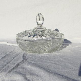 Vintage Crystal Bowl Dish With Lid Cover Clear Faceted Finial 7.  25 "