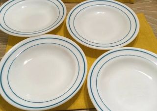4 Vintage Anchor Hocking Blue Rings Stripes Band White Milk Glass Shallow Bowls