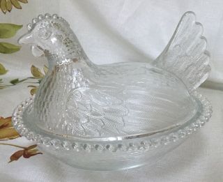 Indiana Glass Hen On Nest Hon 7” Inch Covered Candy Dish Beaded Edge Clear Glass