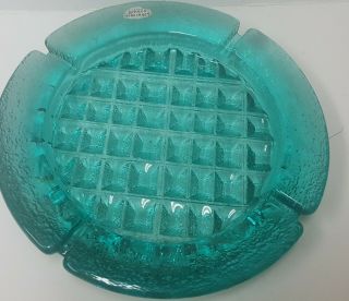 Vintage Blenko Aqua Blue Glass Ashtray W/waffle Bottom & Orig Label