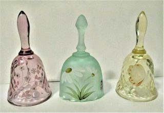 Vintage Fenton Hand Painted Floral & Butterfly Bells Set Of 3