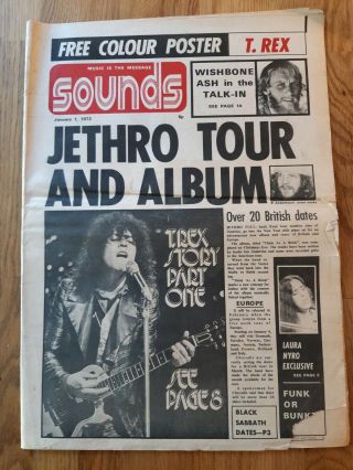 Sounds Music Newspaper January 1st 1972 Jethro Tull And T.  Rex Cover