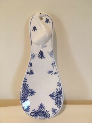 Vintage Collectible Hand Painted Ja Delfts Blue Spoon Rest - Embossed Goose