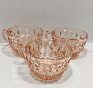 Vintage Pink Jeanette Glass Tea Cups Set Of 3 Windsor Diamond C