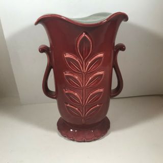 Vintage Red Wing Pottery Burgundy Fern Handled Vase 1109