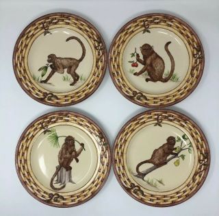 Set Of 4 American Atelier Monkey Porcelain Plates Pear Apple Leaves Branch Brown
