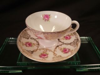 Antique Carl Tielsch C.  T.  Germany Footed Cup And Saucer Pink Floral Adorned.