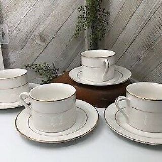 Gibson Everyday Set Of 4 White Flat Cups And 4 Saucers Gold Band Gold Rim