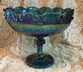 Indiana Blue Garland Carnival Glass Compote Large Fruit Pedestal Bowl Vintage