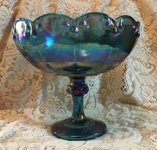 Indiana Blue Garland Carnival Glass Compote Large Fruit Pedestal Bowl Vintage 2