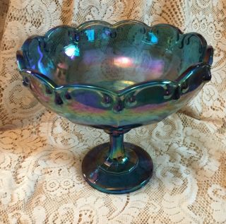 Indiana Blue Garland Carnival Glass Compote Large Fruit Pedestal Bowl Vintage 3