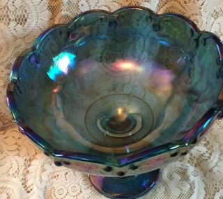 Indiana Blue Garland Carnival Glass Compote Large Fruit Pedestal Bowl Vintage 4