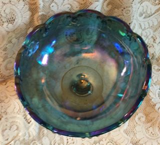 Indiana Blue Garland Carnival Glass Compote Large Fruit Pedestal Bowl Vintage 5