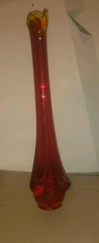 Vintage Mid Century Viking Art Glass Swung Vase Red Orange Clear Amberina 15 "