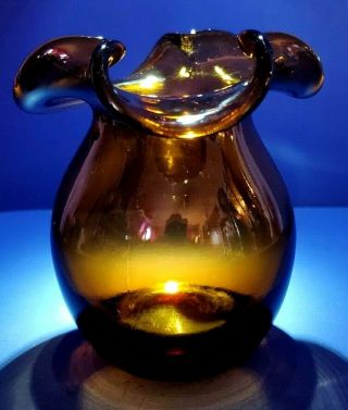 Hand Blown Amber Colored Art Glass Vase With Fluted Edges -